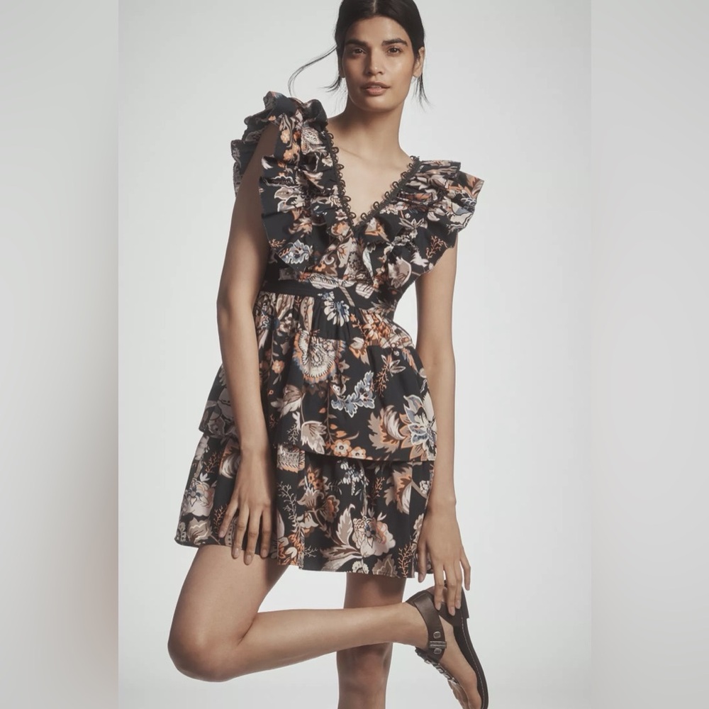 NWT By Anthropologie Navy and Brown Sleeveless Ruffled A-Line Mini Dress, Size M